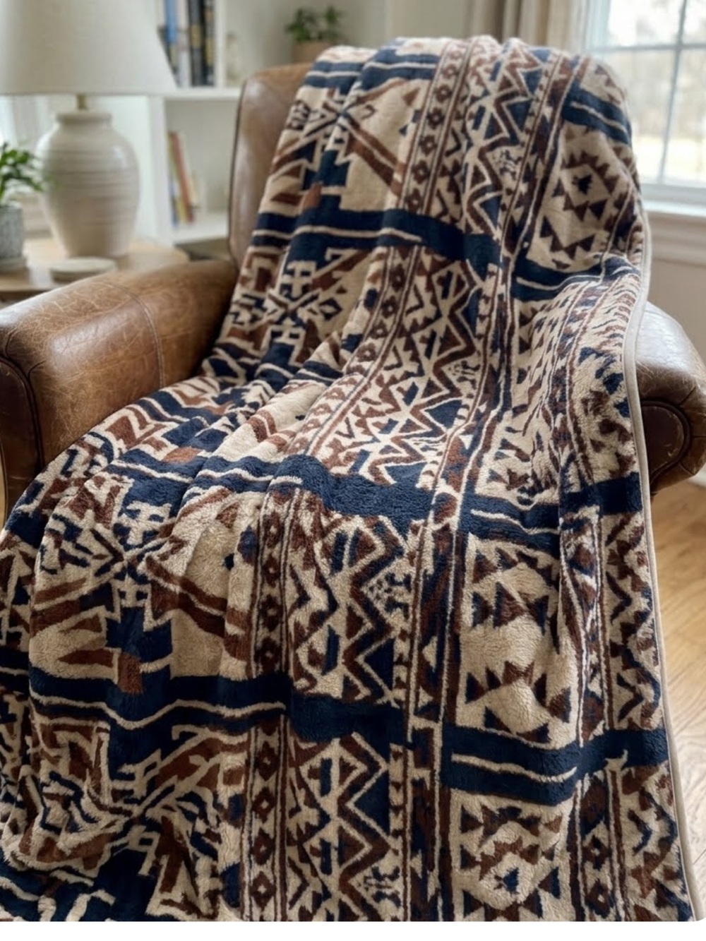 Berkshire Sherpa Throw Blanket in Beige, Brown & Navy